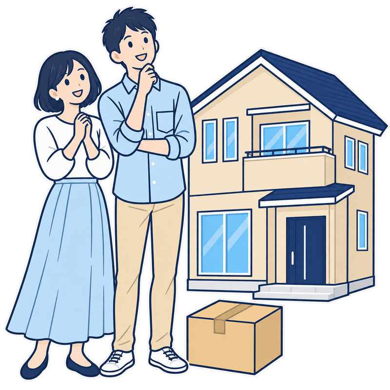 【画像生成プロンプト】30代の日本人夫婦（妻：黒髪ボブ・白い長袖トップス・水色のロングスカート／夫：黒髪短髪・水色シャツ・ベージュのパンツ）が並んで笑顔で立ち、そのすぐ右奥にベージュ外壁・ネイビーの三角屋根の2階建て一戸建て。足元に引っ越しの段ボール箱1つ。縦長〜正方形に近い構図で、人物と家が画面いっぱいに大きく収まる。スタイル：フラットな2Dベクターイラスト。中太で均一なネイビー（#2C3E66）の主線。限定パレットのフラット塗り（水色#CFE3F4・ネイビー#1C2A4E・ベージュ#F0E0C2・白）。グラデ・ノイズなし。濃紺の背景に置いても輪郭が沈まないよう、外周にごく薄い白の縁取りを1本入れる。清潔感のある不動産サービス向けタッチ。指や建物の破綻なし。文字・ロゴ・透かしは一切入れない。背景は完全に透明な透過PNG。人物と家と段ボールのみ。