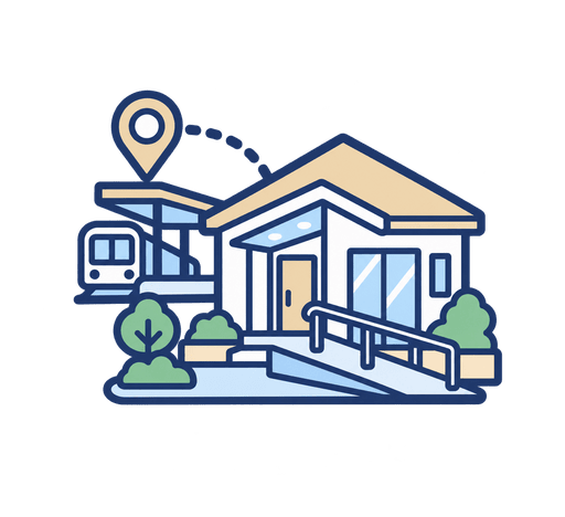 【画像生成プロンプト】駅近・バリアフリーの終の棲家を表すコンセプトイラスト。ベージュ屋根の住まい、玄関前のスロープと手すり、近くの小さな駅・電車モチーフ、道や位置ピンを組み合わせる。スタイル：フラットな2Dベクターイラスト。中太で均一なネイビー（#2C3E66）の主線。水色#CFE3F4・ネイビー・ベージュ#F0E0C2・白の限定パレット。人物・文字・数字・ロゴは一切入れない。背景は完全に透明な透過PNG。